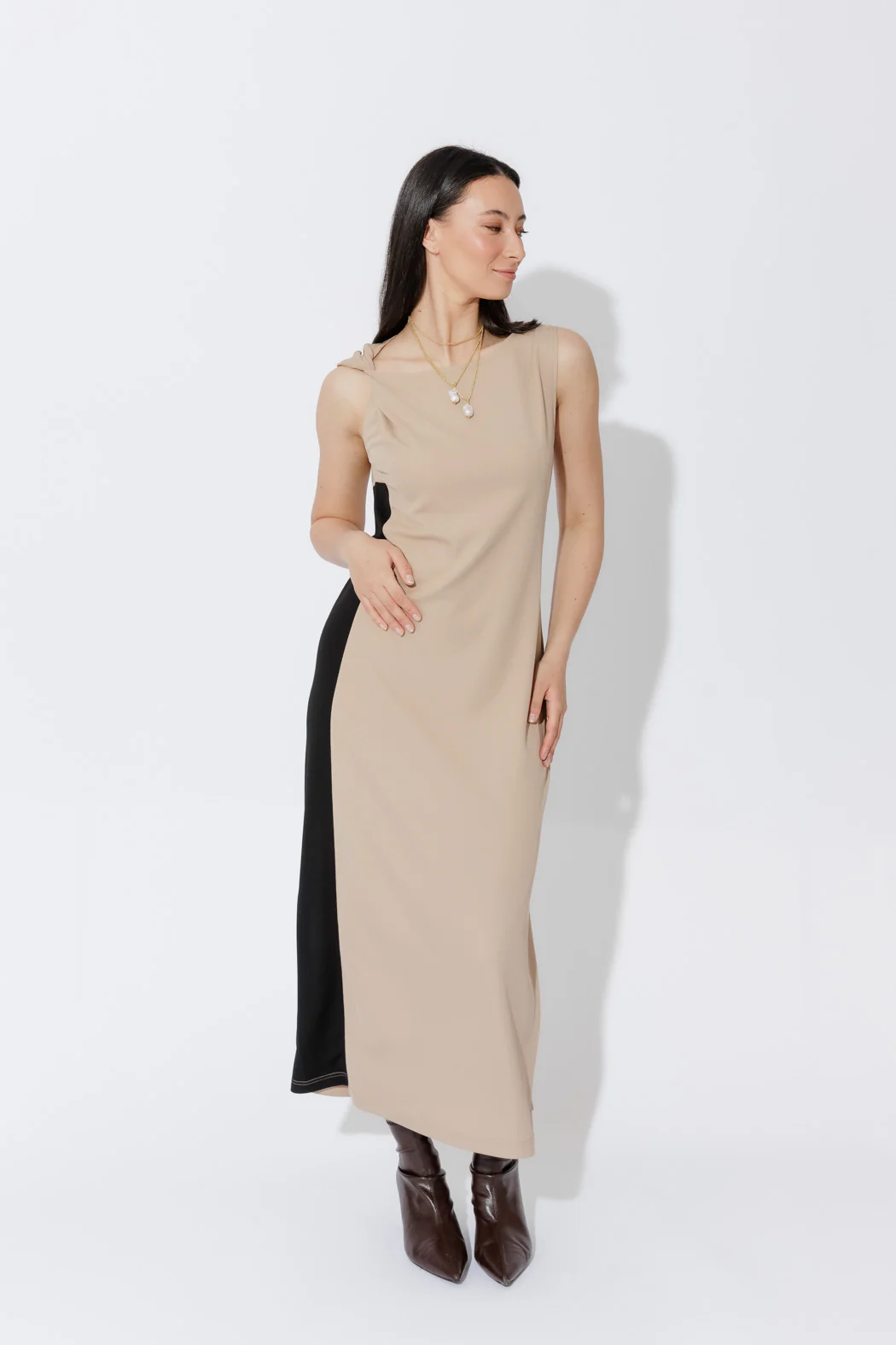 Beige Twist Shoulder Dress - Image 3