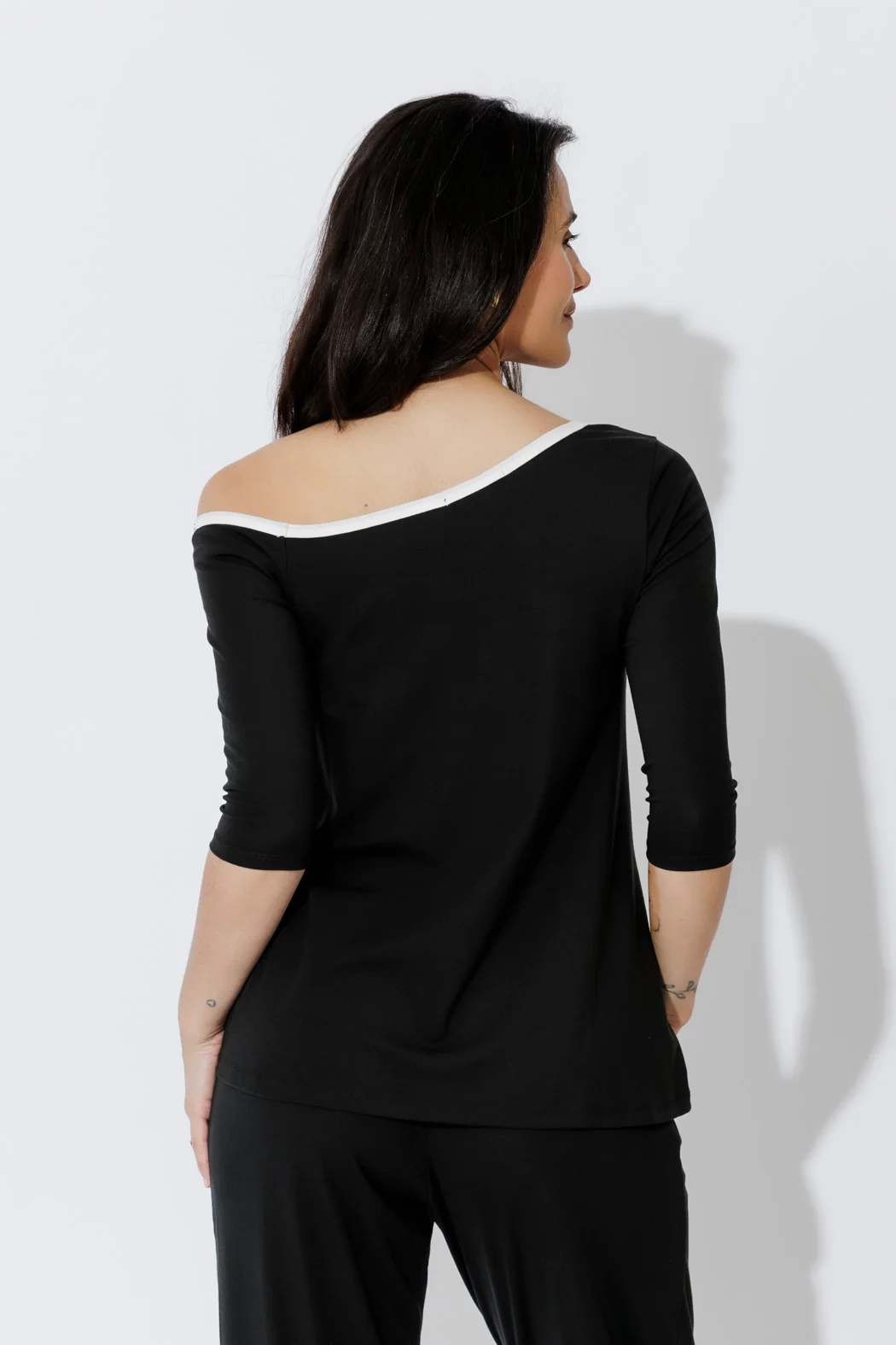Black Contrast Tencel Off Shoulder Top - Image 3