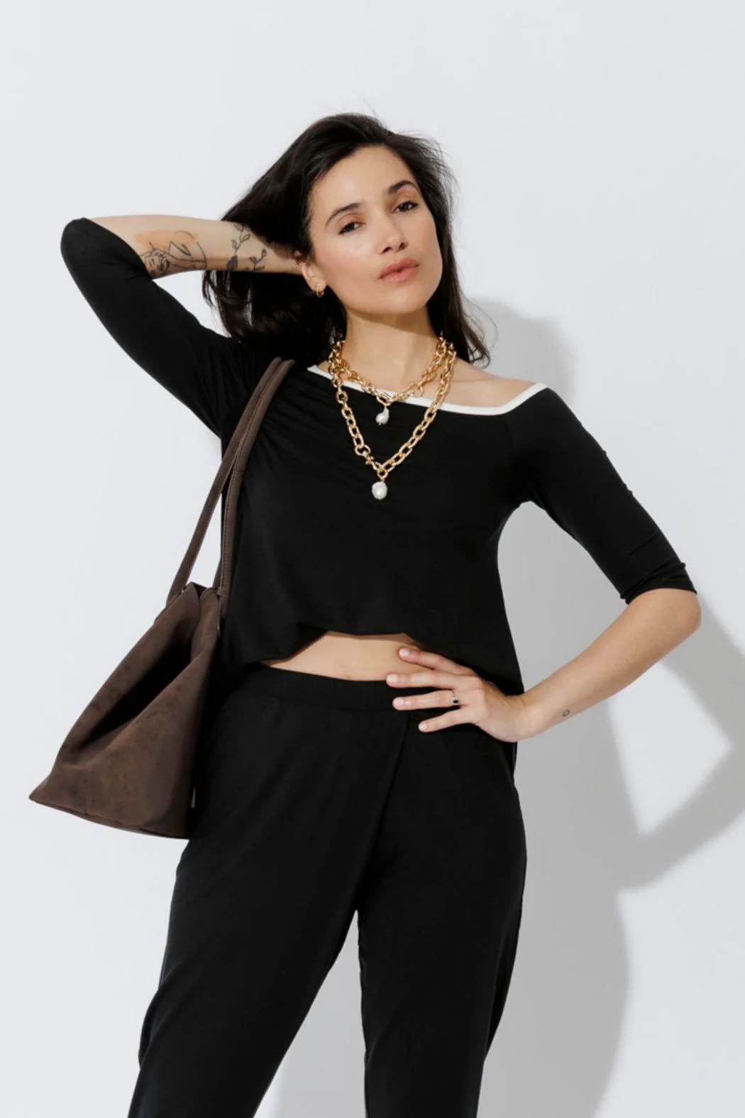 Black Contrast Tencel Off Shoulder Top - Image 5