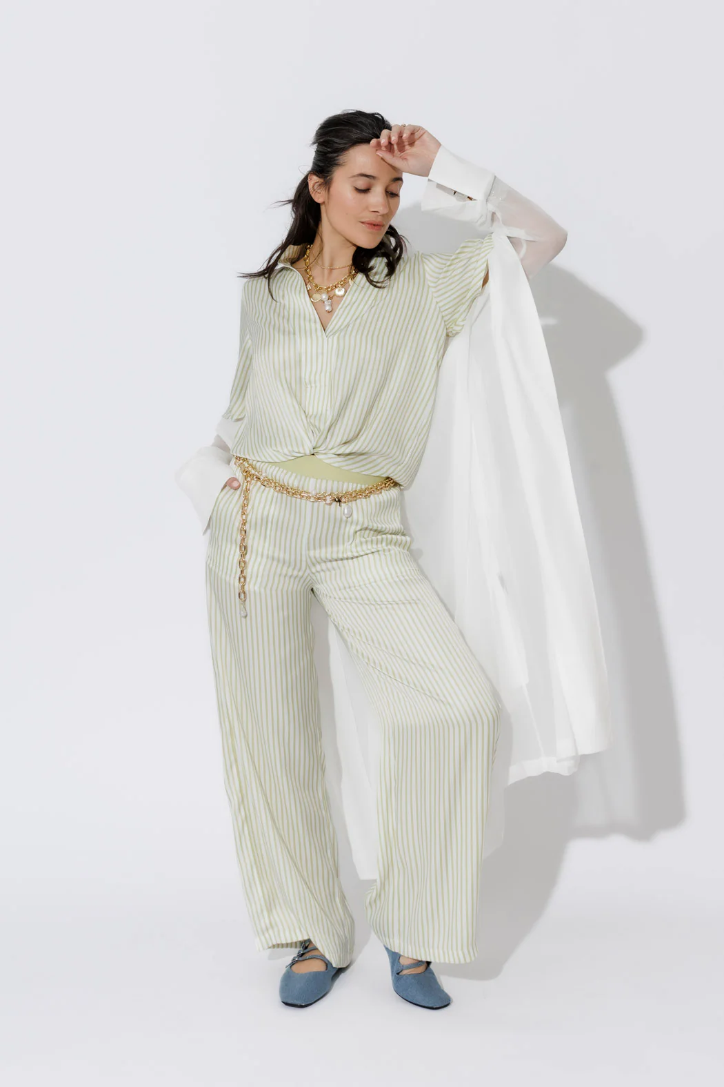 Chartreuse Stripe Fluted Blogger Shirt - Image 8
