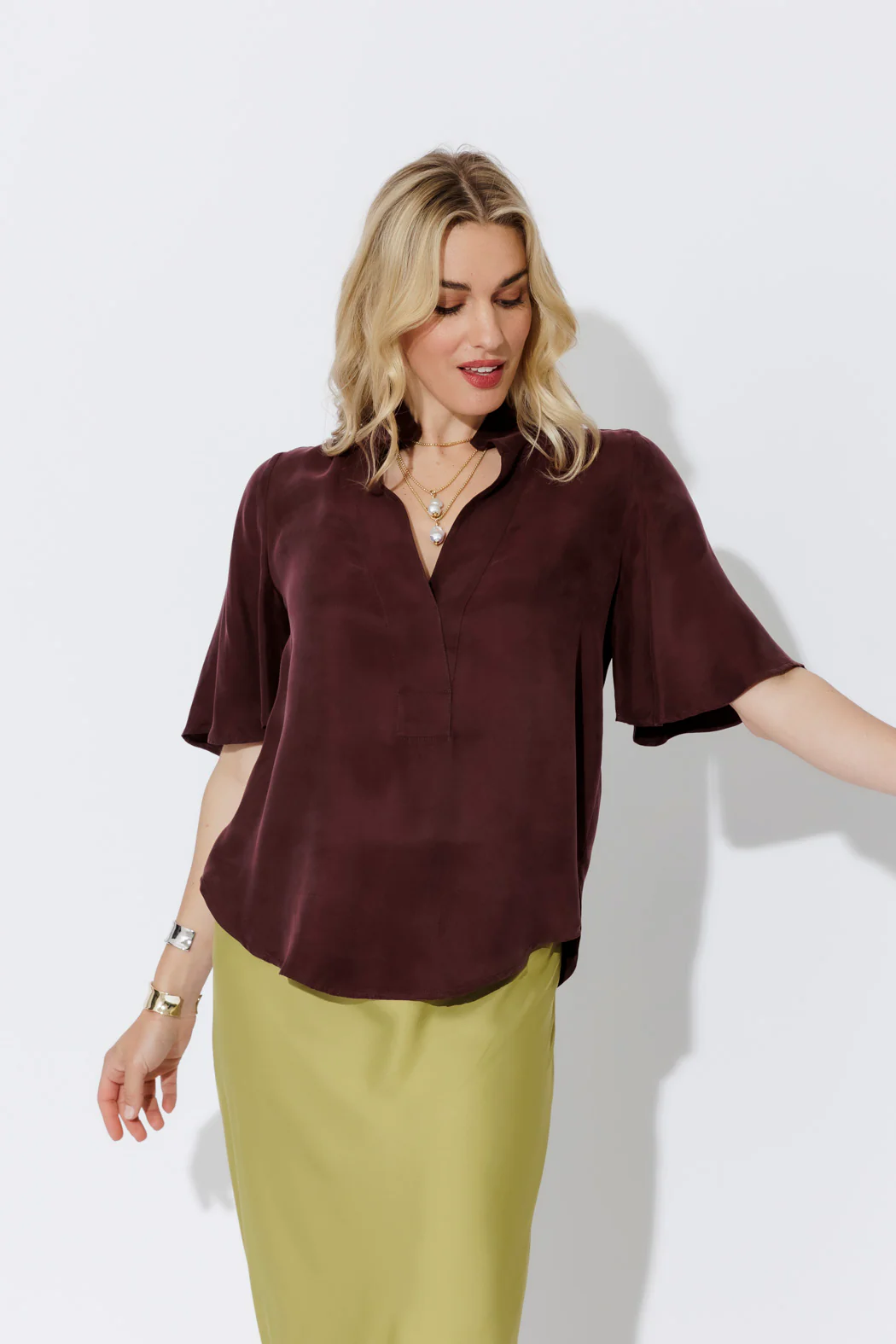 Chocolate Cupro Fluted Blogger Shirt - Image 3