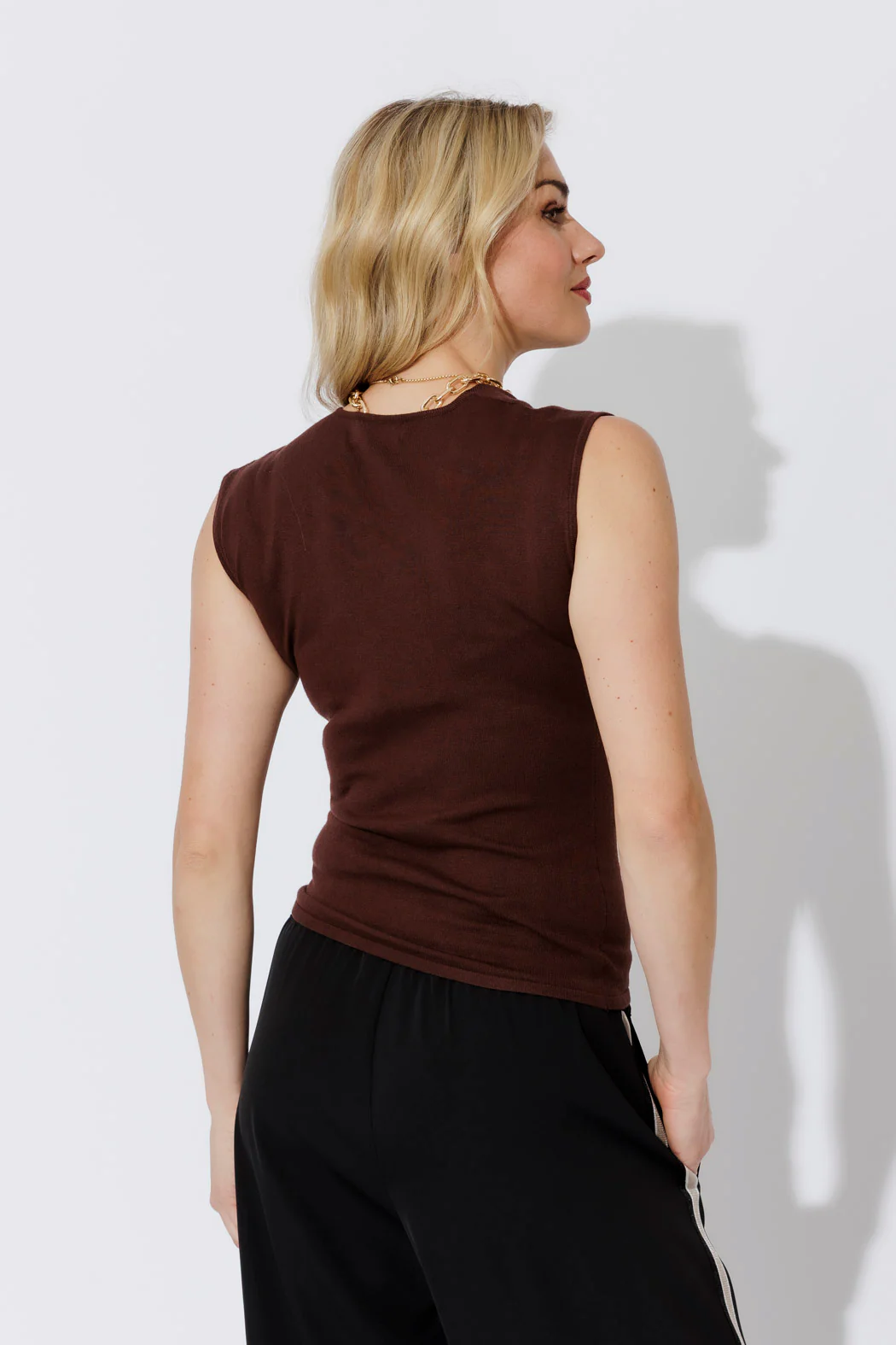 Chocolate Sleeveless Drape Knit Top - Image 4