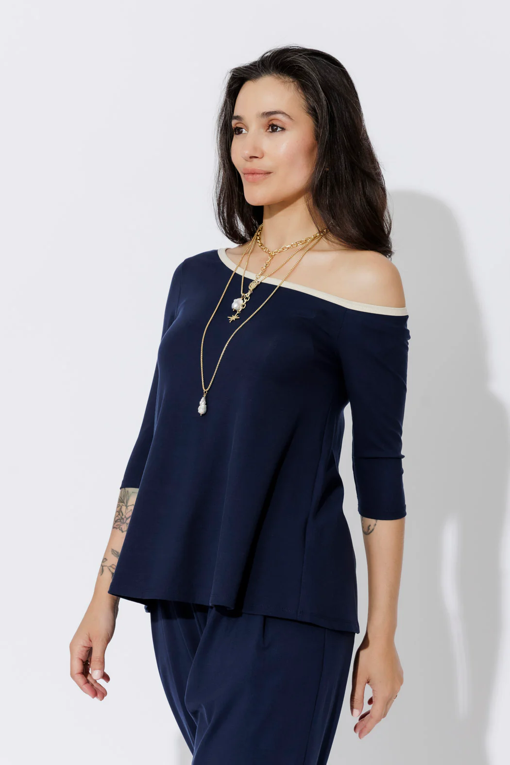 Navy Tencel Contrast Off Shoulder Top - Image 3