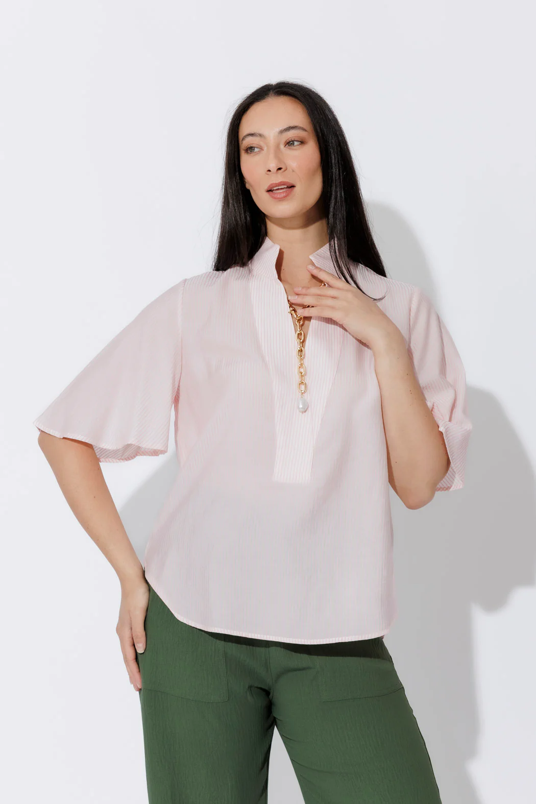 Pink Pinstripe Fluted Blogger Shirt - Image 3