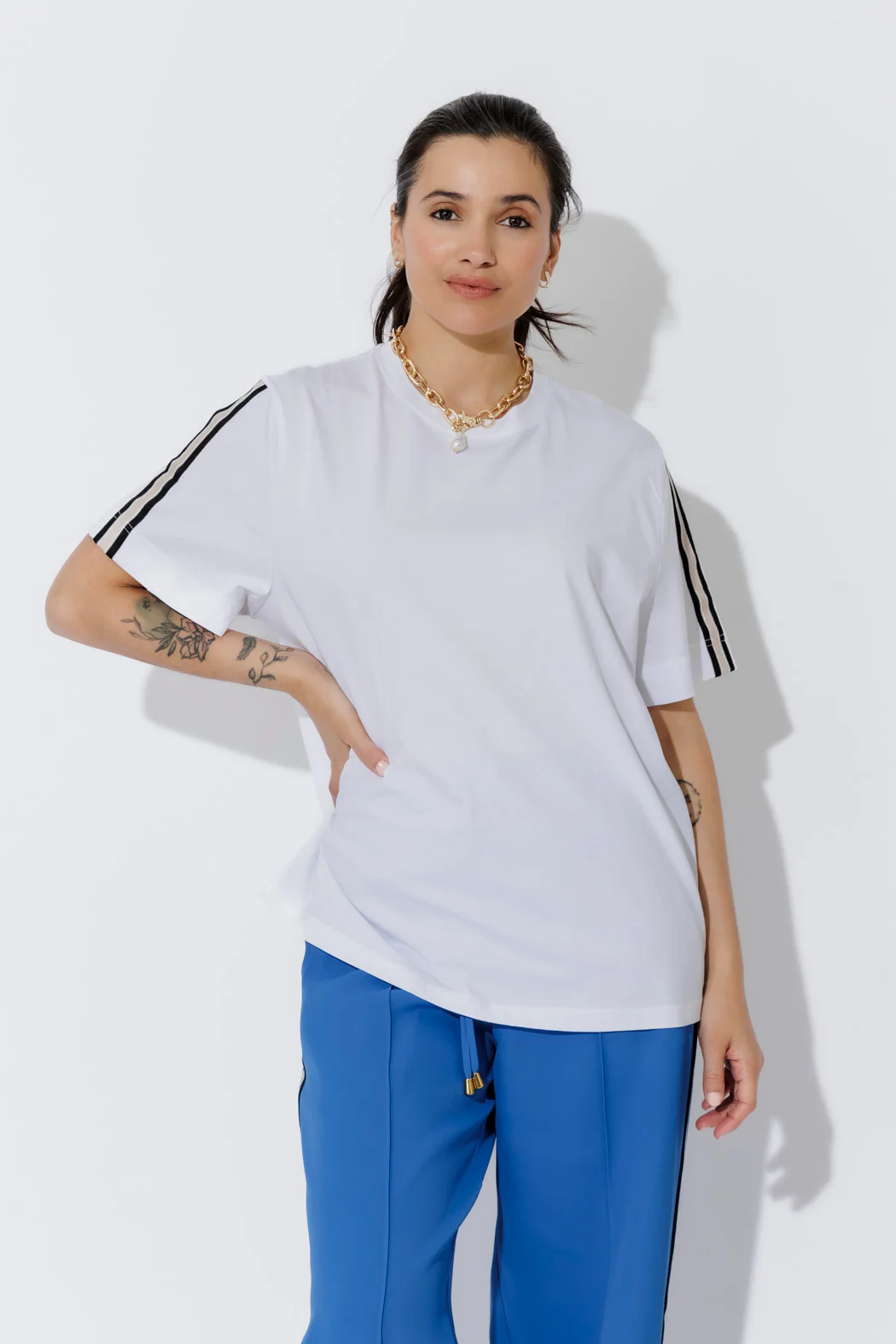 White Oversized Stripe Sleeve T-Shirt - Image 3