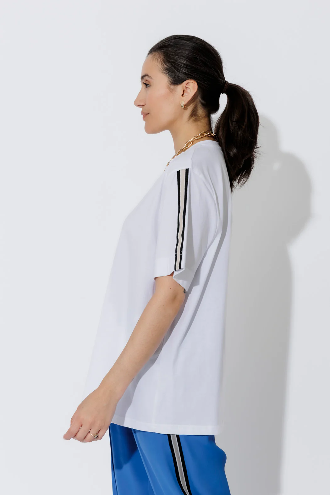 White Oversized Stripe Sleeve T-Shirt - Image 5
