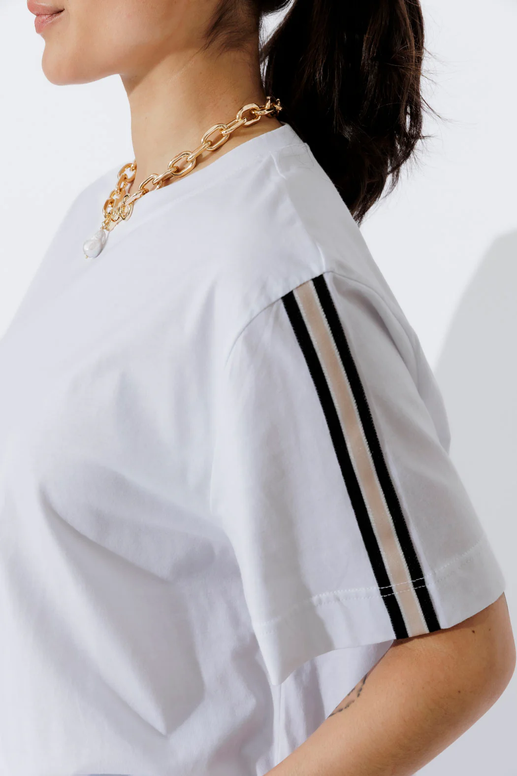 White Oversized Stripe Sleeve T-Shirt - Image 7